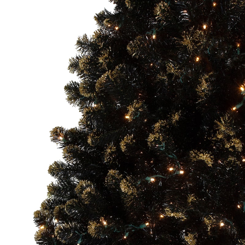Pre-Lit LED Black Crystal Pine with Gold Glitter Artificial Christmas Tree - 7.5 ft Clear Lights - 7.5'