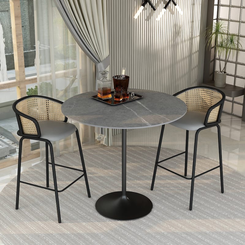 LeisureMod Verve 48" Round Dining Table with Sintered Stone TableTop and Black Steel Base for Kitchen & Dining Room