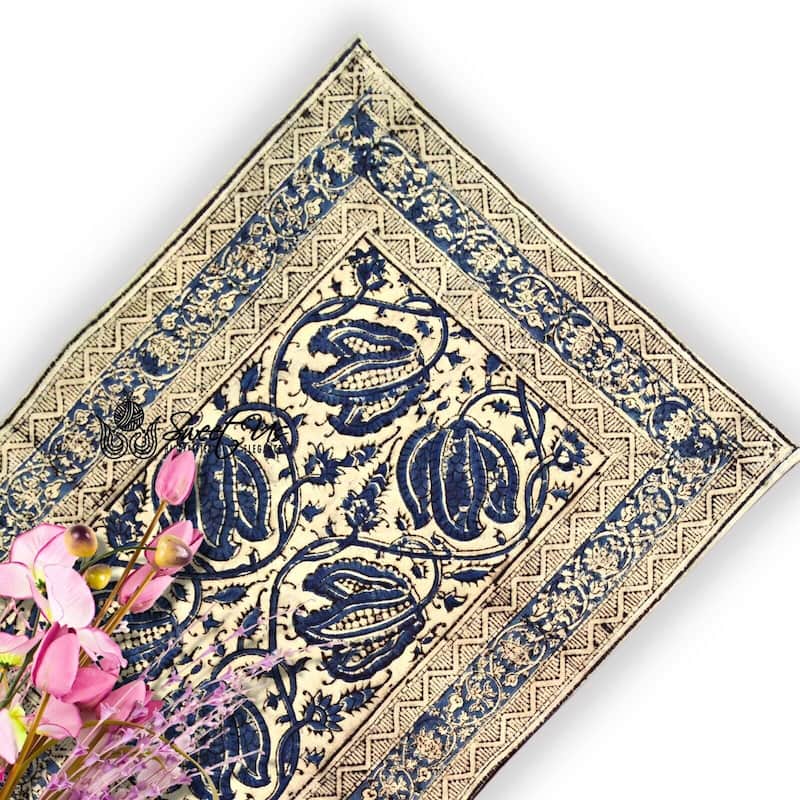 Vegetable Dye Tulip Floral Block Print Tablecloth Collection - Set of 4 Placemats - Blue