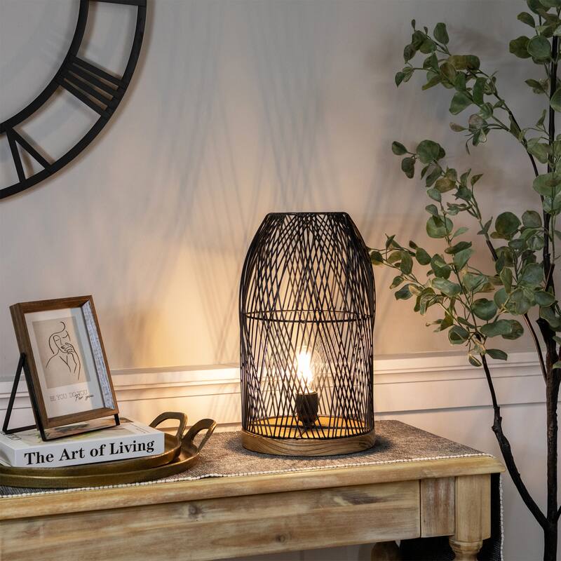 Iron Cage-Style Table Lamp with Wood Base - 15.25" - Black - 15.25