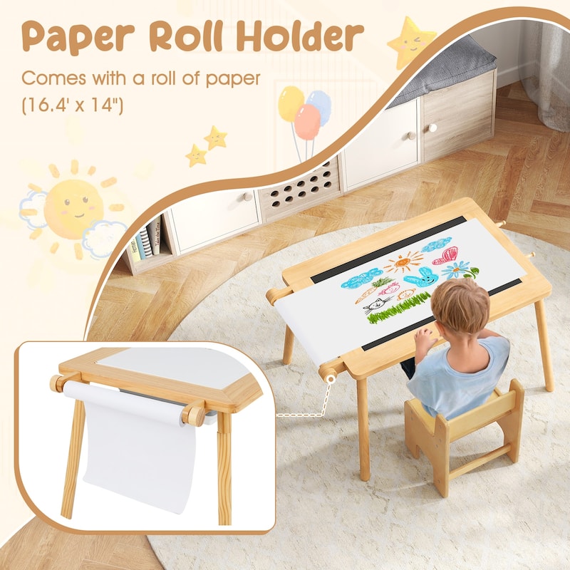 Kids Activity Table and Chair Set with Storage Paper Roll and Chalkboard Blocks Board for Age 2-8 Years - 35.5" x 21.5" x 17"