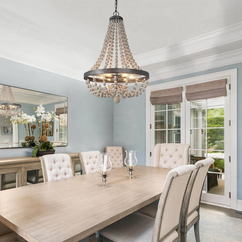 Modern Farmhouse 6-Light Wood Chandelier Boho Empire Pendant Light - D20.1"xH88.3"