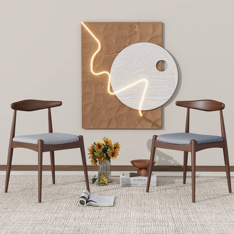 Set Of 2 Rubberwood Dining Chairs With Ergonomic Backrest & Comfort Cushions - Light Gray+Walnut