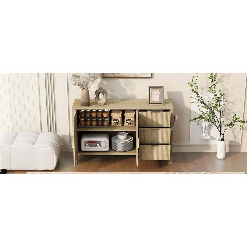 Roomfitters Sideboard Buffet Cabinet with 3 Drawers, 2 Door Mid-century Fluted Accent Storage for Kitchen & Dining
