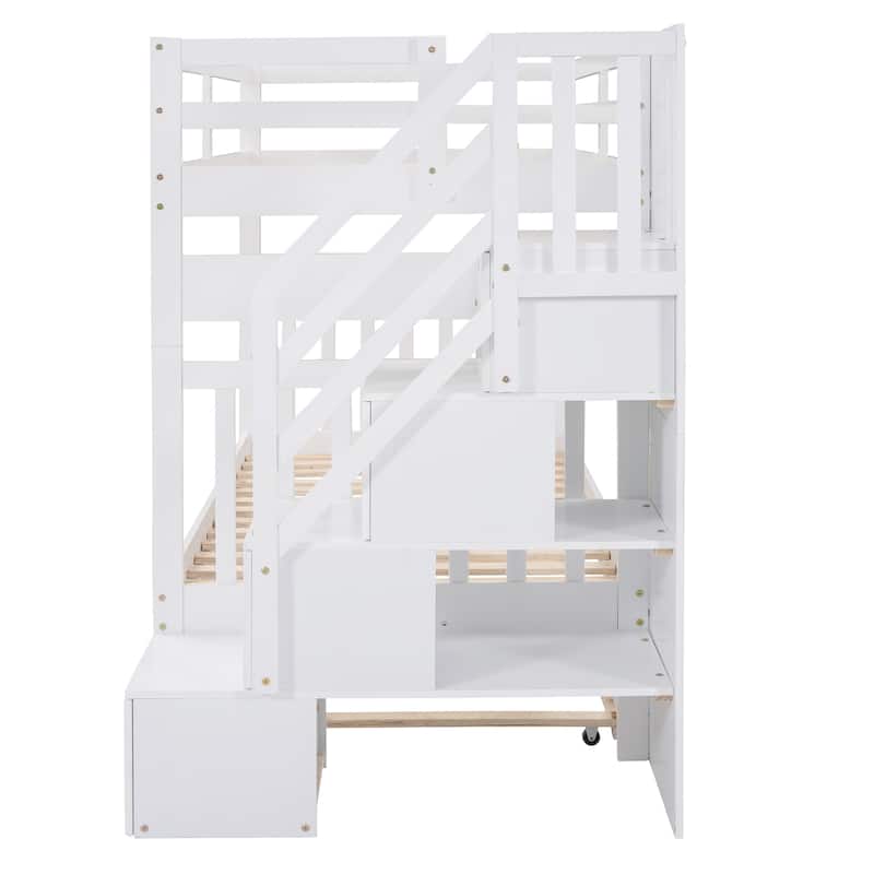 Convertible Twin Over Full Bunk Bed with Trundle and Stair Storage, Durable Wood Frame