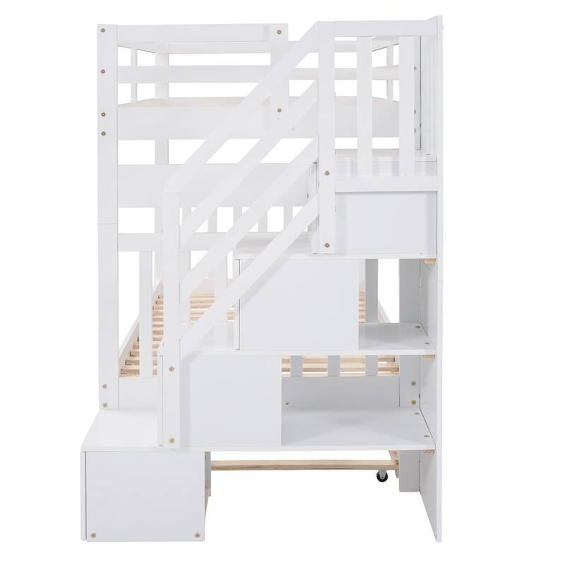 Space-Saving Twin Over Twin/Full Bunk Bed with Twin Trundle, Adjustable Stairs, Safe Guardrails, Solid Pine Wood