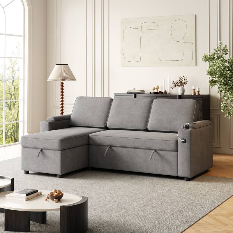 85.8-Inch Sleeper Sofa with Storage,L Shaped Sofa with Pull Out Bed and Charging Port  - DARK GREY