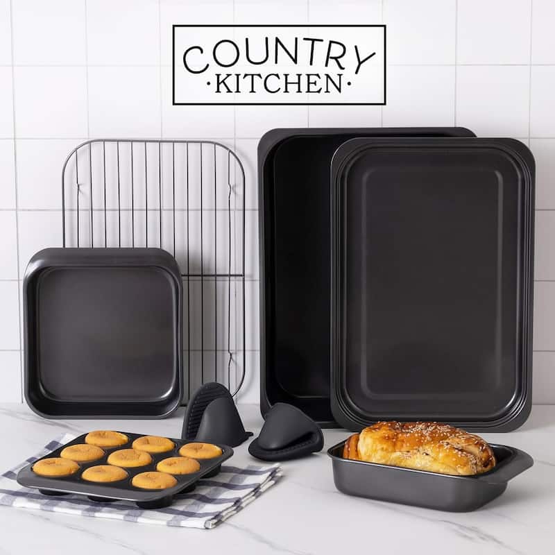 Country Kitchen 8-Piece Bakeware Set, Nonstick Baking Pans & Nesting Baking Sheets, Durable Steel, Grey
