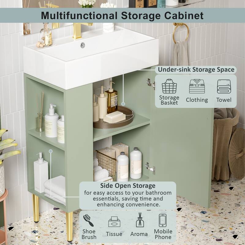 Small Bathroom Vanity with Sink, Bathroom Cabinet with Soft Closing Door, Bathroom Storage Cabinet with Open Storage Shelf