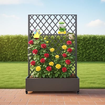 Metal Privacy Screen with Wheels – Galvanized Steel Garden Trellis & Planter Box for Climbing Plants/Vines