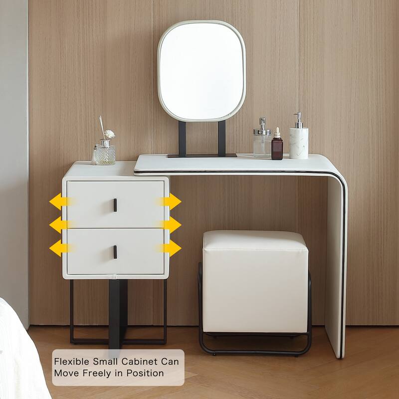 FUKAYI Faux Leather Makeup Vanity Desk Set with Stool Small Vanity Makeup Mirror Desk