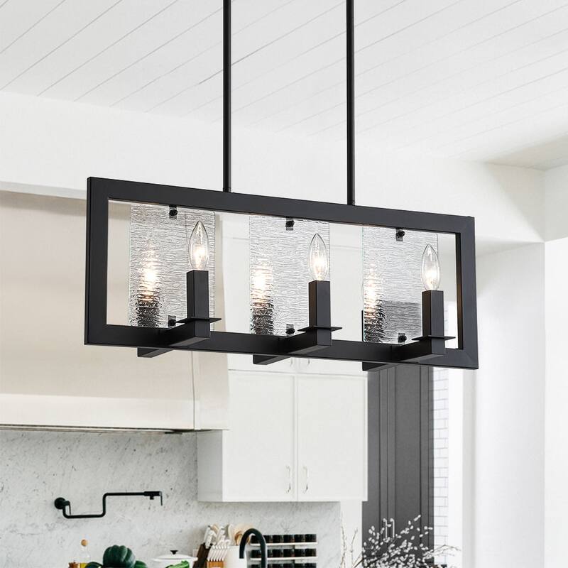 Modern Farmhouse 6-Light Black Rectangle Island Pendant Textured Glass - Metal-Frame with Textured Glass