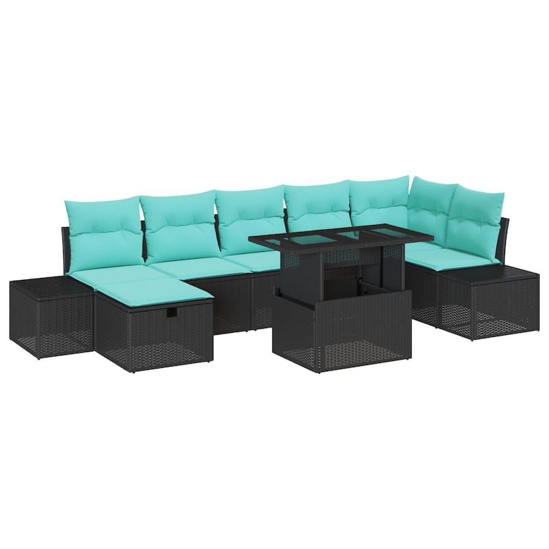 vidaXL 8 Piece Garden Sofa Set with Cushions Black Poly Rattan - 125.6 x 60.6 x 27.2