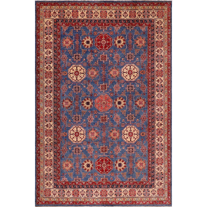 Caucasian Super Kazak Ayanna Light Blue/Tan Hand Knotted Wool Rug - 8'1'' x 10'0''