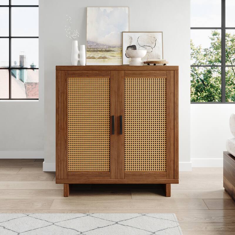 Farmhouse Woven Rattan Sideboard Accent Cabinet