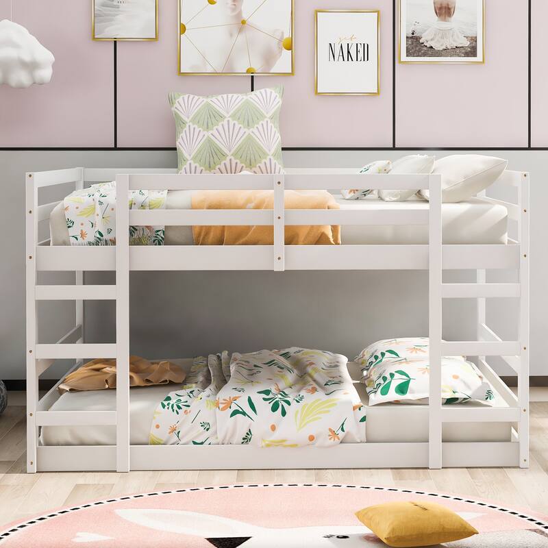 Multi-Functional Bunk Bed with 2 Built-in Ladder, Solid Wood Bed Frame, Low Bunk Beds with Safety Guardrail for Kids Boys Girls