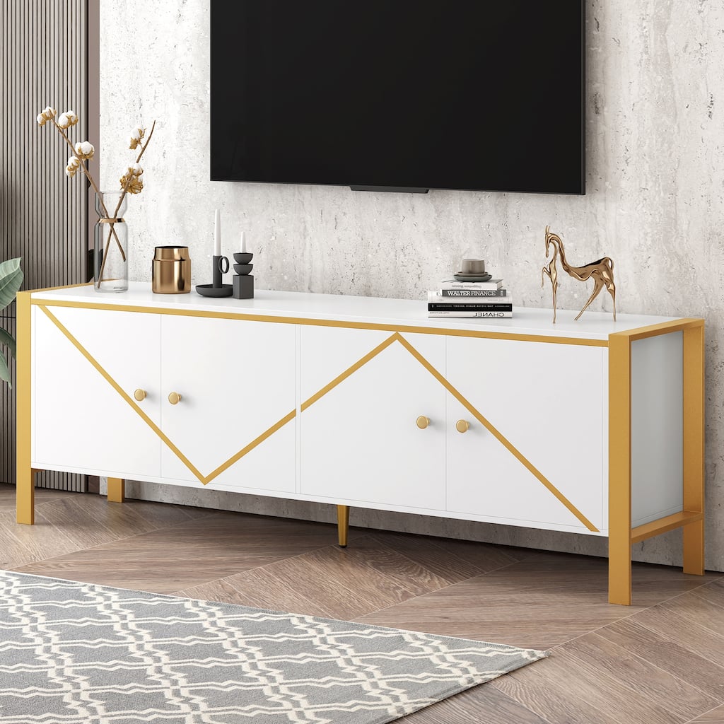 Modern Luxury TV Stand with 2 Spacious Storage Shelf, Adjustable Shelves and 4 Golden Legs for Living Room