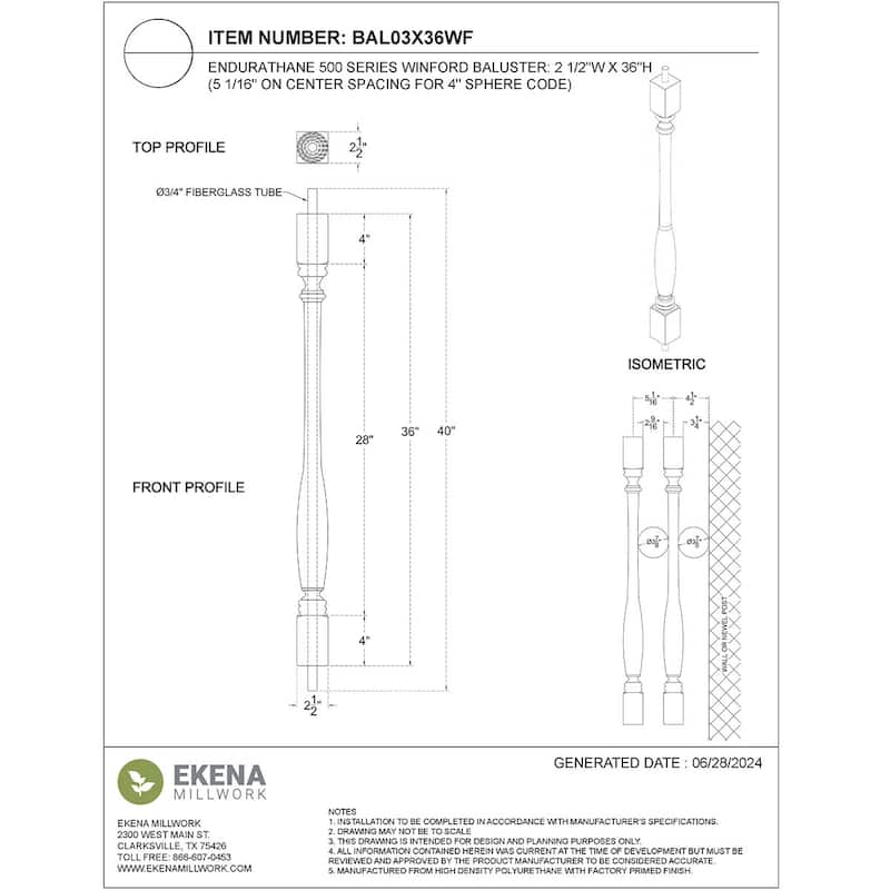 Endurathane 500 Series Winford Baluster, Factory Primed Polyurethane