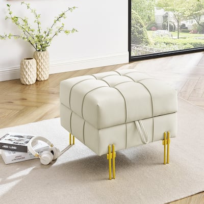 22 inches Anti-scratch Leather Storage Ottoman, Pet Friendly Entryway Bench with Golden Stainless Steel Legs