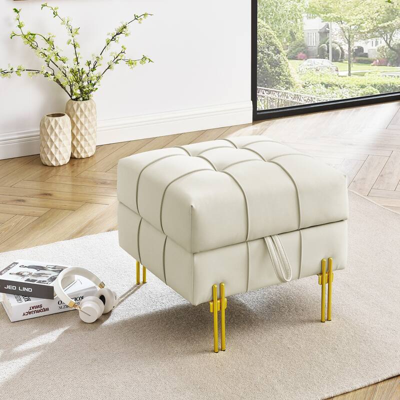 22.1" Faux Leather Storage Ottoman with Stainless Steel Legs - Beige