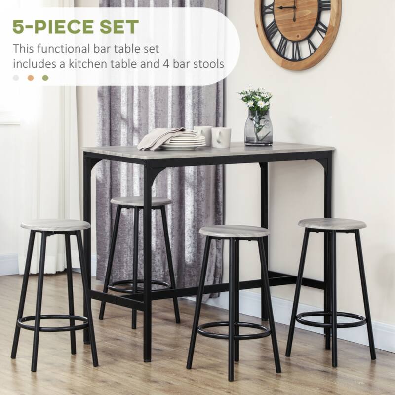 5-Piece Counter Height Bar Table Set, Rustic 43.25" Dining Table with 4 Bar Stools, Dining Room, Gray