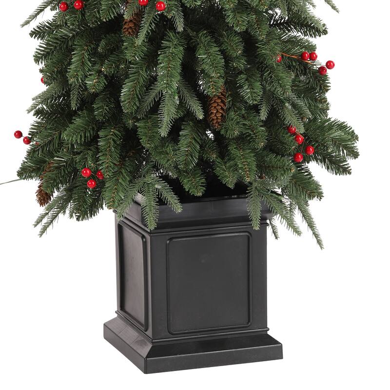 Glitzhome 4ft/6ft/7ft Pre-lit Green Artificial Christmas Porch Tree with Red Berries,Pinecones and 100 Warm White Lights