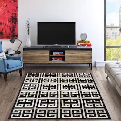 Handmade Couristan Chalet Meander Black- Ivory Cowhide Leather Rug