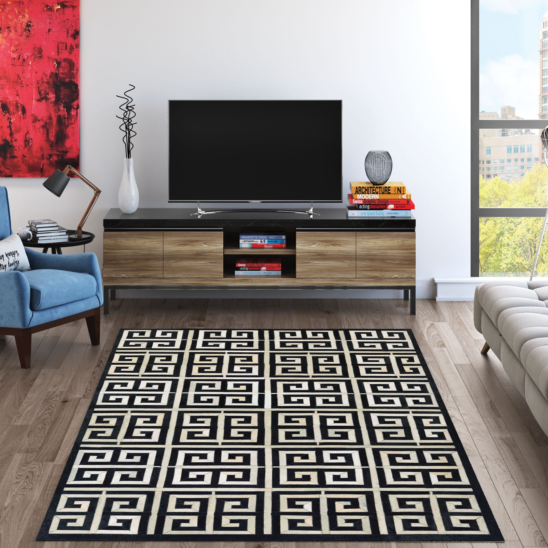 Handmade Couristan Chalet Meander Black- Ivory Cowhide Leather Rug