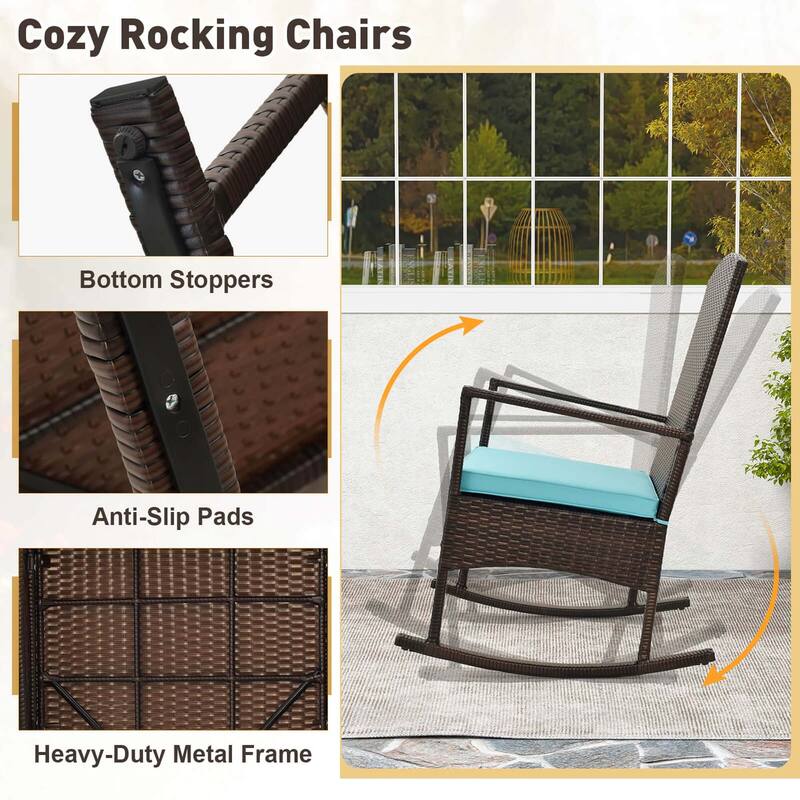 3 PCS Patio Rocking Set Wicker Rocking Chairs with 2-Tier Coffee Table