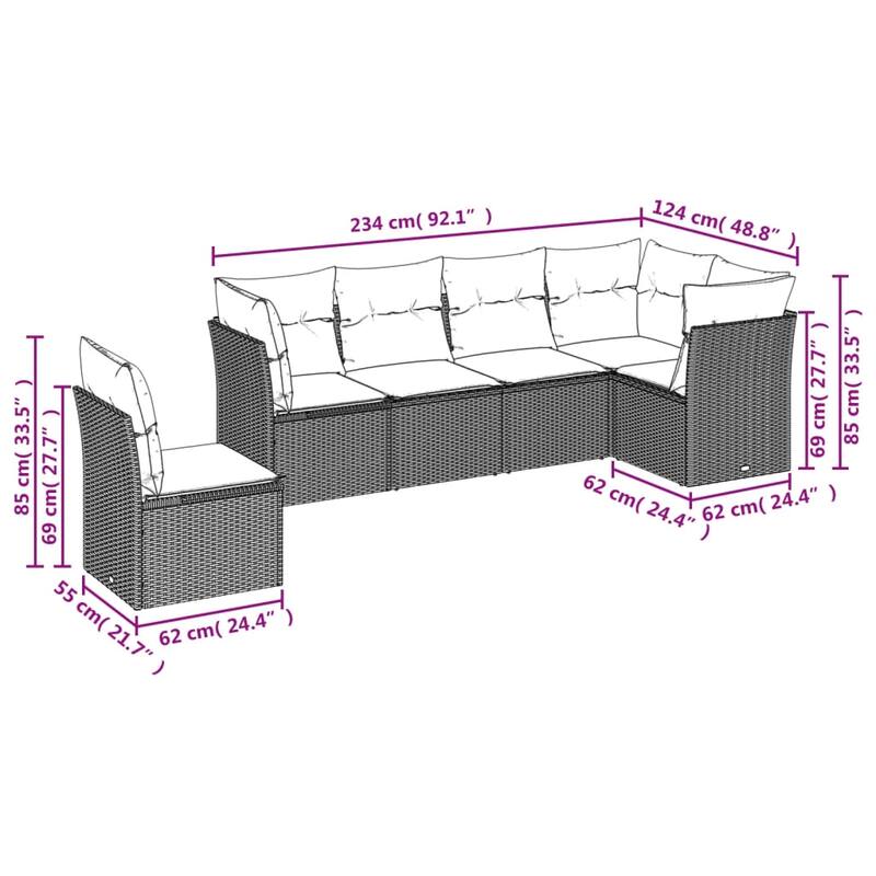 vidaXL 6/7 Piece Patio Sofa Set with Cushions Brown/Gray Poly Rattan - 21.7 x 24.4 x 27.2