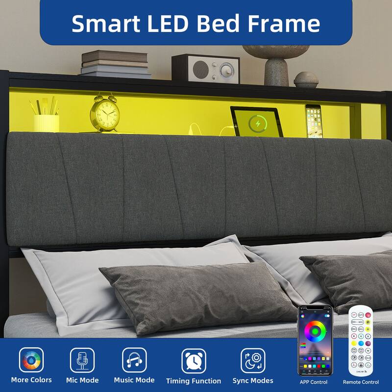 Storage Upholstered Platform Bed with LED Lighting Included and Built In USB Port