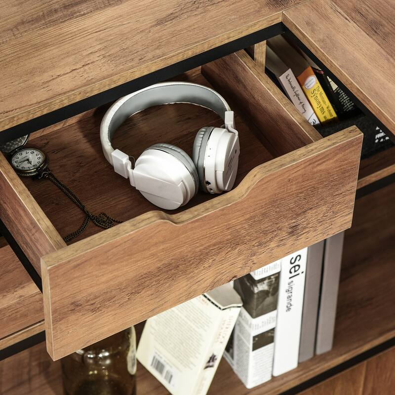 L-Shaped Home Offie Computer Desk with Storage Shelves, 2 Dawers and Industrial Steel Frame, Black/Brown