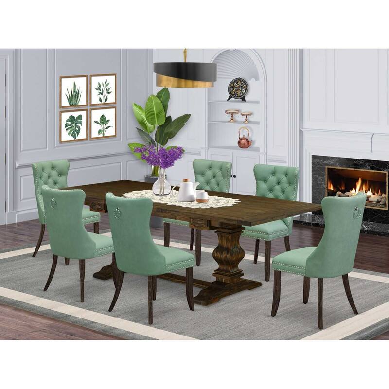 Modern 7 Piece Dining Set - Kitchen Table with 6 Upholstered Chairs - Jacobean Finish