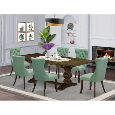 Modern 7 Piece Dining Set - Kitchen Table with 6 Upholstered Chairs - Jacobean Finish
