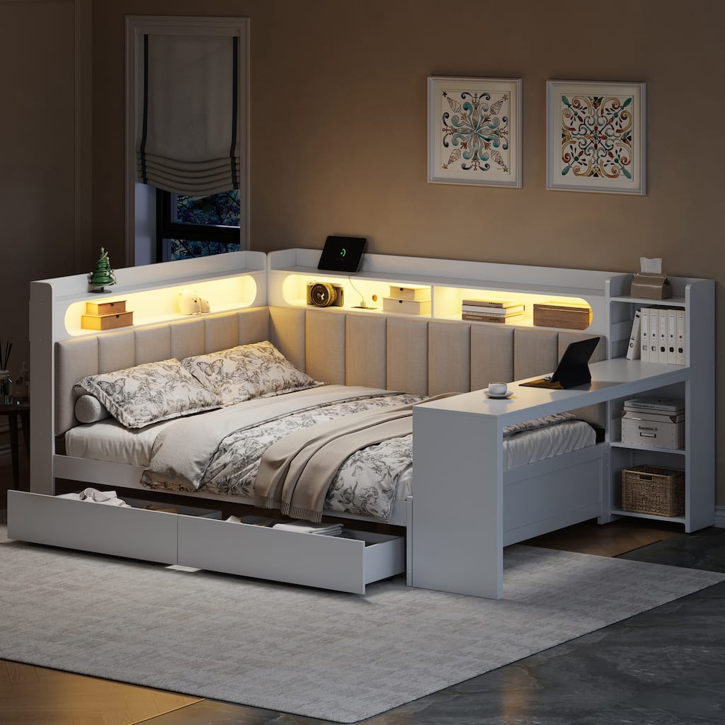 Full Daybed with Storage Shelves Built-in Charging Station LED Light, L-shape Upholstered Sofa Bed with 2 Drawers, Cabinet, Desk