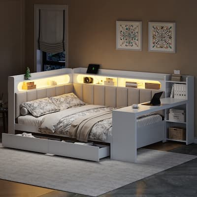 Full Daybed with Wrap-Around LED Shelves, Built-In Desk and Charging Station by Harper&Bright Designs