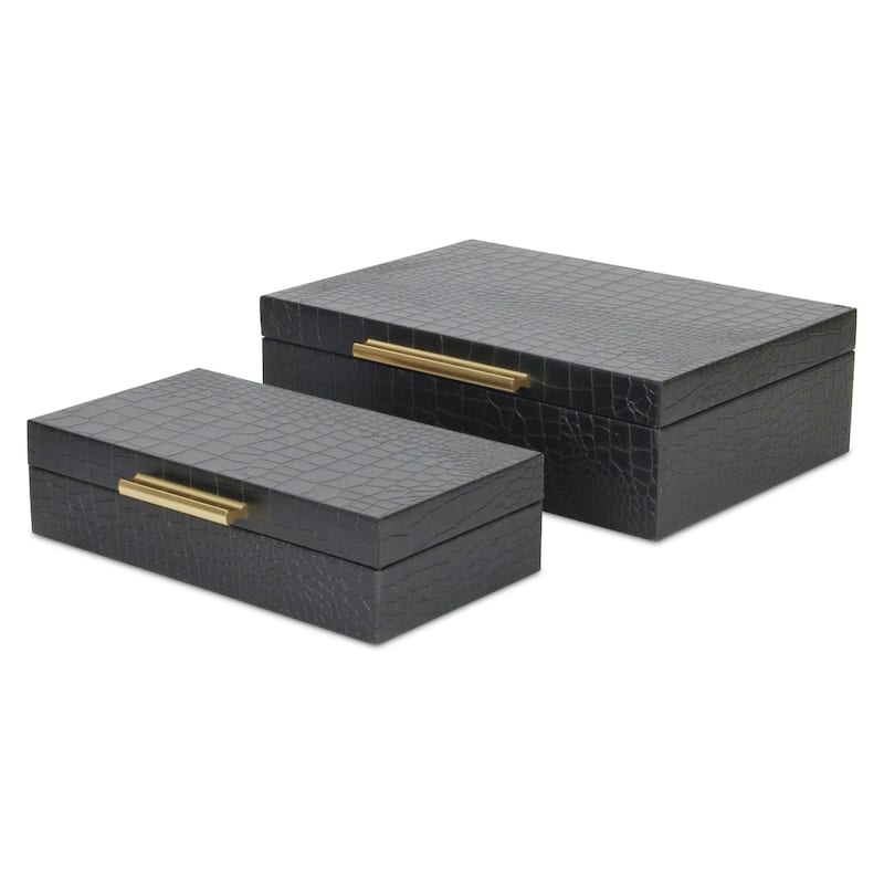 Set of 2 Black Rectangular Faux Croco Decorative Box with H&les 11.75"