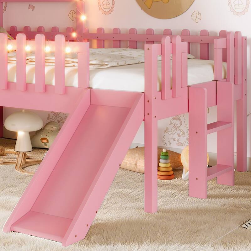House Loft Bed with Slide and LED Lights, Kids Playhouse Bed with Star & Moon Cutout Roof and Window, Low Loft Bed