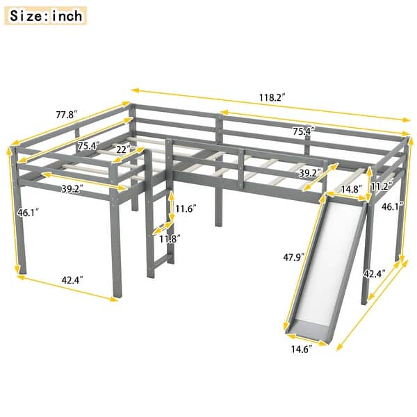 Gray Twin Size Solid Pine Wood L-Shaped Loft Bed with Slide and Widened Ladder