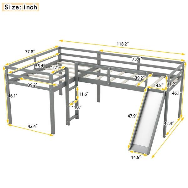 dimension image slide 1 of 2, Twin Size Loft Bed with Ladder, Slide Full-Length Guardrail for Kids L-Shaped Bedframe Wood Slat Support & No Box Spring Needed