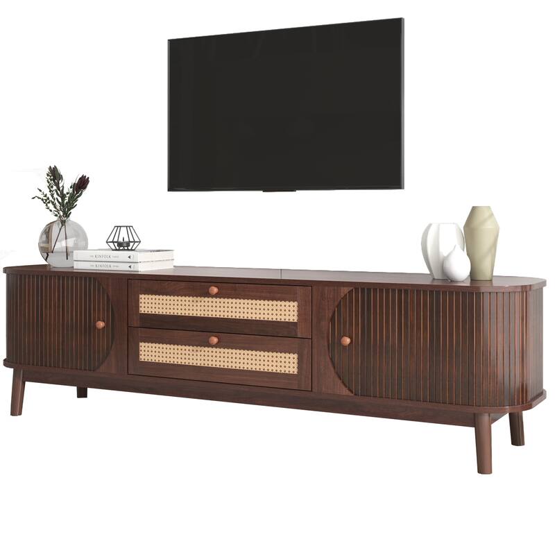 Rattan TV Stand Media Console w/ Sliding Doors Cabinets & 2 Drawers