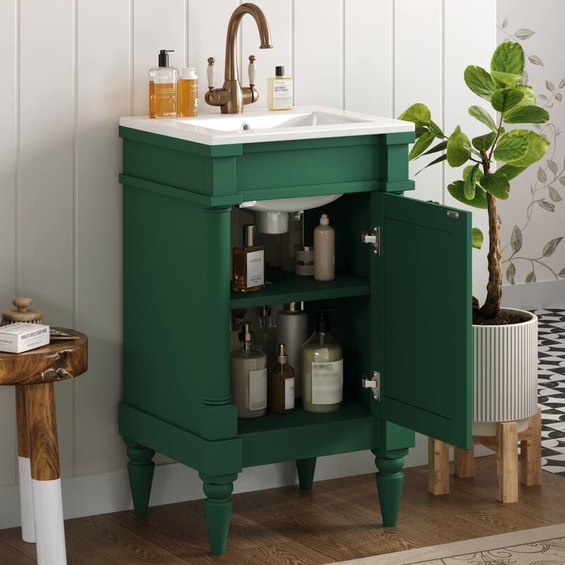 GDFStudio - Wexford Retro Freestanding Bathroom Vanity with Ceramic Sink, Solid Pine Wood Legs & Adjustable Shelf - 18'W
