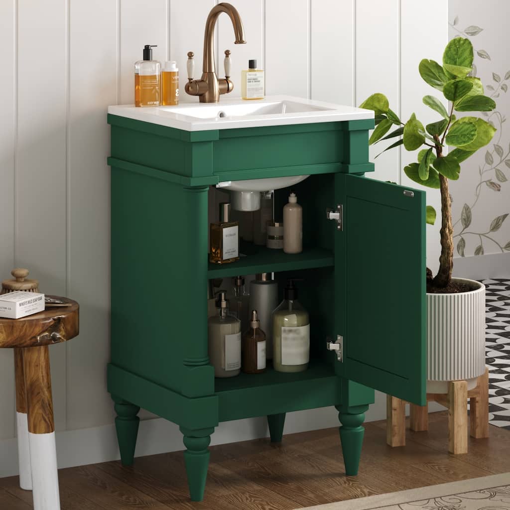 GDFStudio - Wexford Retro Freestanding Bathroom Vanity with Ceramic Sink, Solid Pine Wood Legs & Adjustable Shelf - 18'W