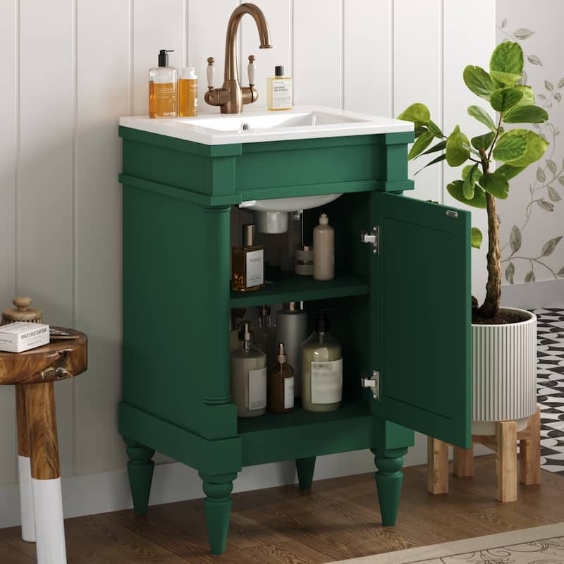 Roomfitters 18 Inch Bathroom Vanity with Sink, Freestanding Small Space Vanity Cabinet with Ceramic Basin and Adjustable Shelf - Green