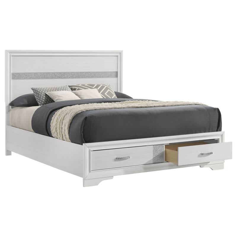 Elegant White Queen Storage Bed with Built-in Drawers and Classic Panel Design