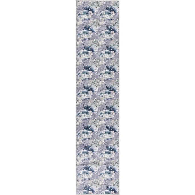 Nourison Washables Indoor only Grey Floral Area Rug - 2' 2" x 8' - Grey/Blue
