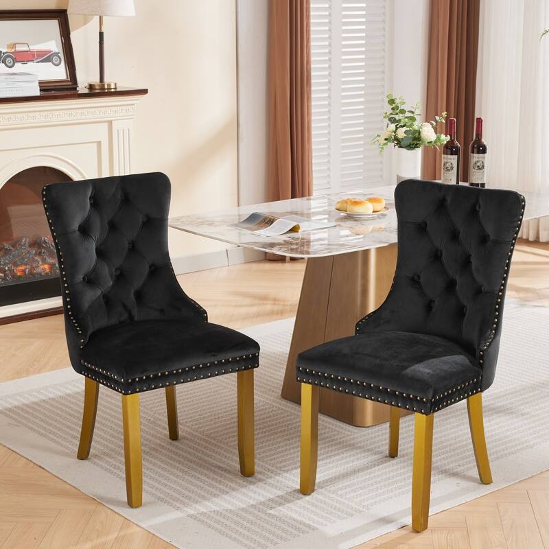 Velvet Dining Chairs Set of 2, Tufted Dining Chairs with Nailhead Trim, Kitchen Chairs with Lion Head Pulls Ring & Wooden Legs