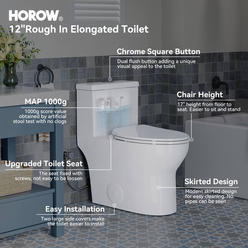 HOROW 1 Piece Dual Flush Elongated ADA Height Toilet White 0.8 1.28 GPF 1000g Flush High Quality Fill Valve