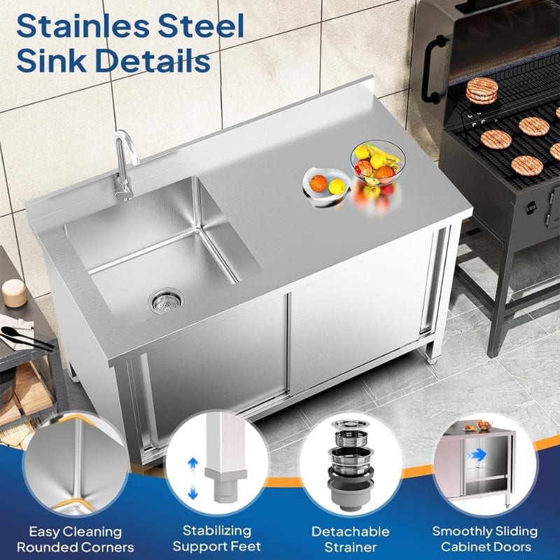 47.2 In. Freestanding Stainless Steel Sink Utility Sink With Storage Cabinet - N/A