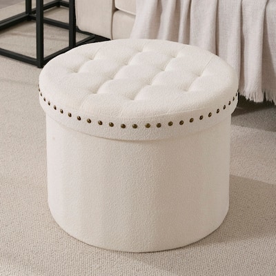 Ornavo Home Decor Large 20" Round Collapsible Storage Ottoman with Nailhead Trim for Living Room and Bedroom